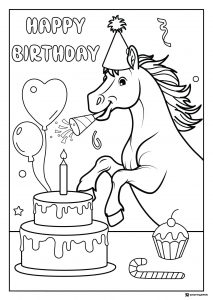 Horse Birthday Coloring Page with Cake Balloons and Party Hat