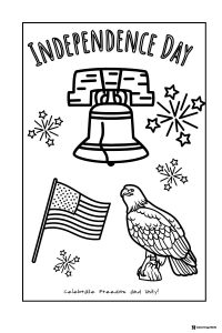 Independence Day Symbols Coloring Page with Bell and Eagle