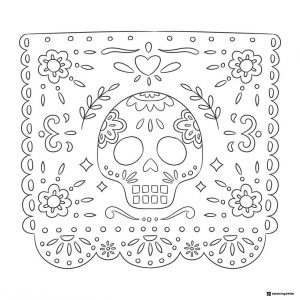 Intricate Papel Picado Coloring Page with Mustache Skull