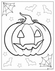 Jack o Lantern Coloring Page with Bats Stars and Webs