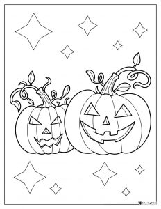 Jack o Lanterns Coloring Sheet with Vines and Star Accents
