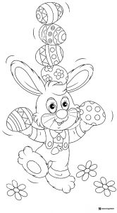 Juggling Bunny Coloring Sheet with Stacked Easter Eggs