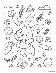 Jumping Bunny Coloring Page with Carrots and Easter Eggs