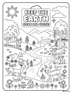 Keep Earth Clean and Green Coloring Page with Forest Scene