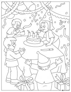 Kids Birthday Party Coloring Page with Cake and Confetti