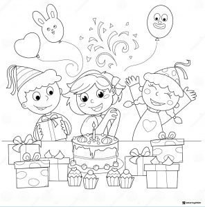 Kids Birthday Party Coloring Page with Cake and Presents