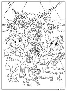 Kids Day of the Dead Coloring Page with Altar and Guitar