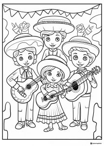 Kids Mariachi Band Coloring Page with Guitars and Hats