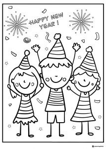Kids Party Coloring Page with Hats and Fireworks for New Year