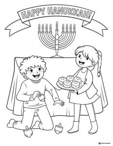 Kids Playing Dreidel Coloring Page with Menorah and Donuts