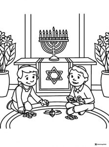 Kids Playing Dreidel Coloring Page with Menorah and Gelt
