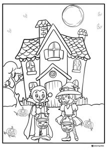 Kids Trick or Treating Coloring Page with Haunted House Scene