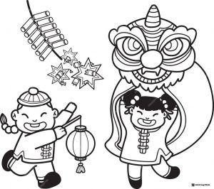Kids with Firecrackers and Lion Costume Coloring Page