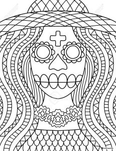 La Catrina Coloring Page with Patterned Hair and Hat