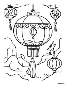 Lantern Display Coloring Page with Hanging Decor and Mountains