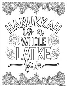 Latke Fun Hanukkah Coloring Page with Dreidels and Leaves