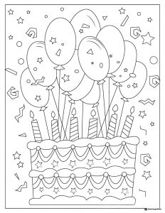 Layered Birthday Cake Coloring Page with Balloons and Stars