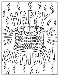 Layered Birthday Cake Coloring Page with Candles and Streamers