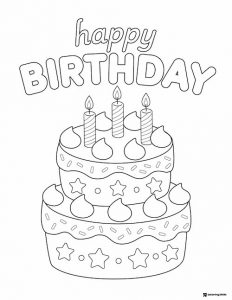 Layered Birthday Cake Coloring Page with Stars and Candles