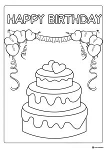 Layered Birthday Cake Coloring Sheet with Balloons