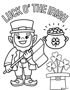 Leprechaun Coloring Page with Flag Gold and Lucky Hat