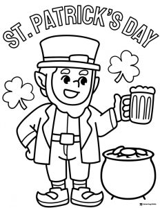 Leprechaun Coloring Page with Shamrocks and Mug of Beer