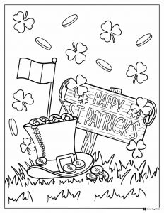Leprechaun Hat Sign Coloring Page with Coins and Shamrocks