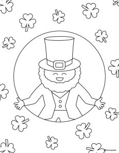 Leprechaun in Circle Frame Coloring Page with Shamrocks Around