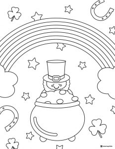 Leprechaun in Gold Pot Coloring Page with Rainbow and Stars
