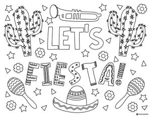 Lets Fiesta Coloring Page with Cacti Maracas and Sombrero