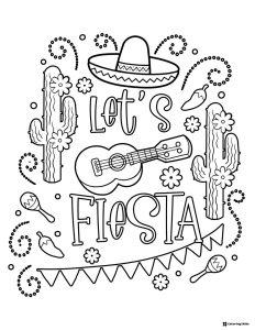 Lets Fiesta Coloring Page with Sombrero Cactus and Guitar