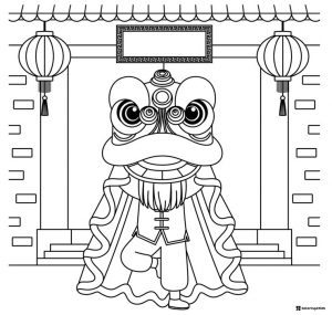 Lion Dance Coloring Page at Pagoda Gate with Lanterns