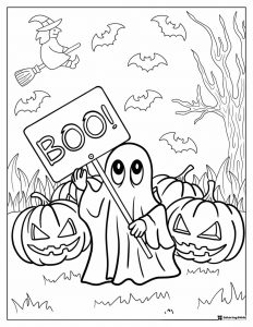 Little Ghost Coloring Sheet Holding BOO Sign with Pumpkins