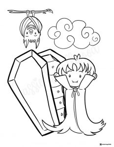 Little Vampire Coloring Sheet with Coffin and Hanging Bat