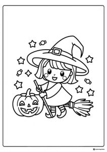 Little Witch Coloring Page with Broomstick Stars and Pumpkin