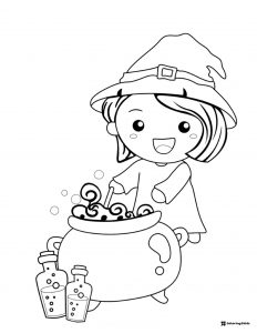 Little Witch Stirring Cauldron Coloring Sheet with Potions
