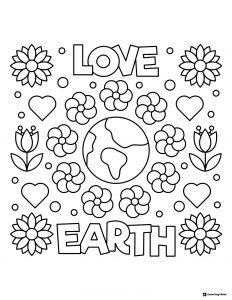 Love Your Planet Coloring Page with Stars Flowers and Earth