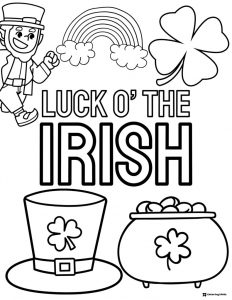 Luck o the Irish Coloring Page with Rainbow and Hat Icons