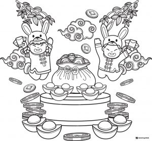 Lucky Coins and Bunnies Coloring Page with Festive Clouds