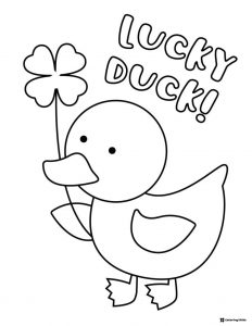 Lucky Duck Coloring Page Holding a Shamrock Leaf