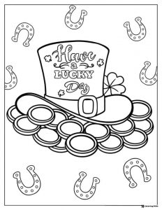 Lucky Hat Coloring Page on Coins with Horseshoes Around