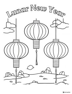 Lunar New Year Lantern Coloring Page with Cloudy Background