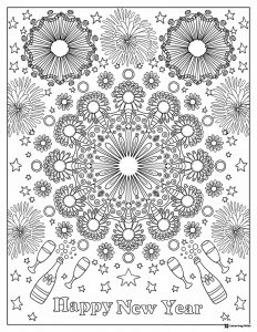 Mandala Style New Year Coloring Sheet with Fireworks and Bottles