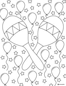 Maracas Coloring Page with Balloons and Stars Background
