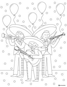 Mariachi Band Coloring Page with Balloons and Confetti