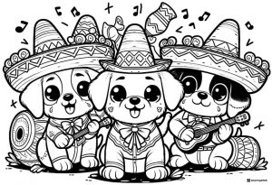 Mariachi Dogs Coloring Page with Sombreros and Instruments