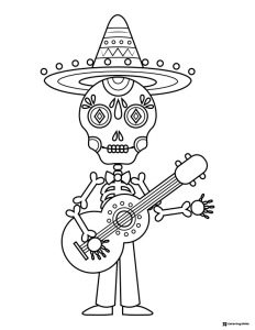 Mariachi Skeleton Coloring Page with Guitar and Sombrero