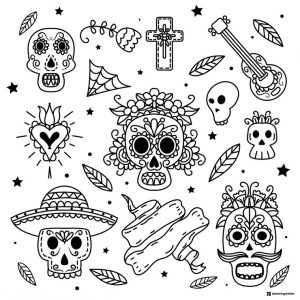 Mariachi Skeletons Coloring Page with Sombrero and Guitar Pose