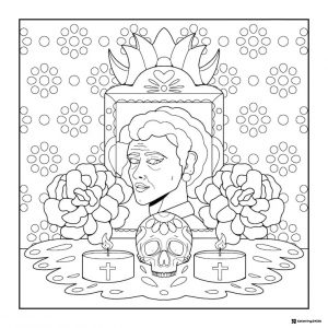 Memorial Altar Coloring Page with Portrait Skull and Candles