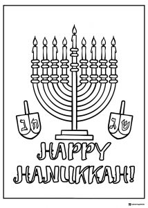 Menorah Coloring Page with Dreidels and Happy Hanukkah Text